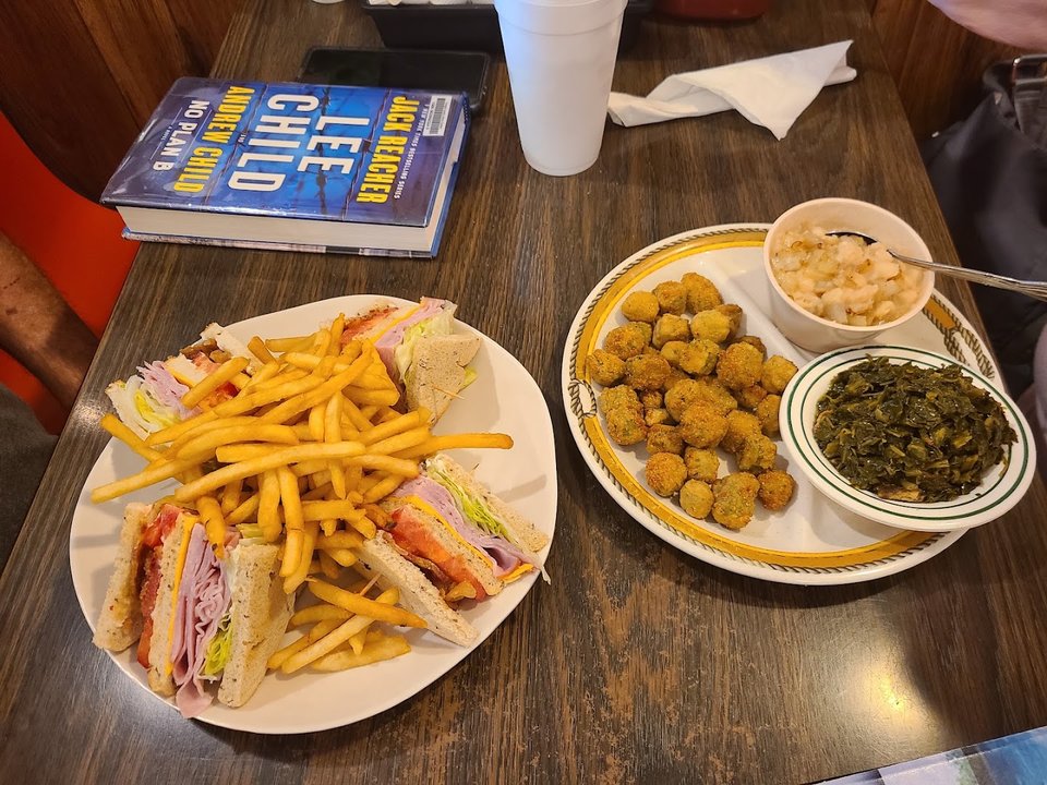 Breakfast plates on a clean restaurant table.